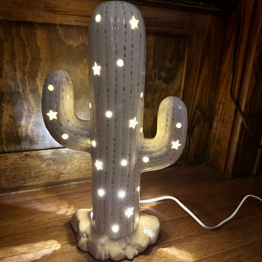 15” Light-Up Corded Ceramic Cactus Lamp in Cream/Sage Green - Picture 15 of 15